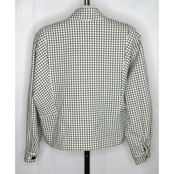 𝅺CABI Jacket Women’s Size M Asymmetrical Button Front Black White Windowpane - Picture 7 of 10